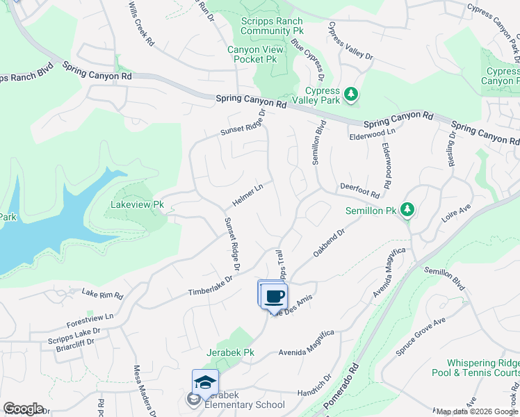 map of restaurants, bars, coffee shops, grocery stores, and more near 11855 Helmer Lane in San Diego