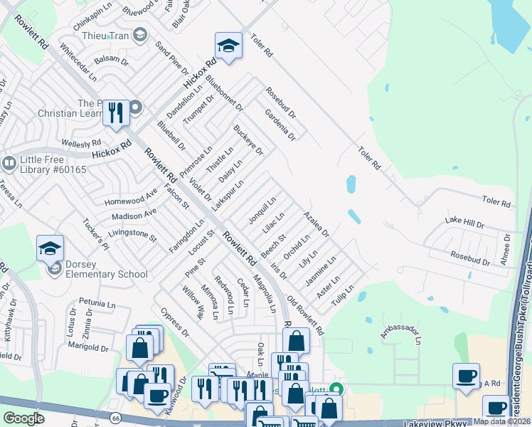 map of restaurants, bars, coffee shops, grocery stores, and more near 3422 Locust Street in Rowlett