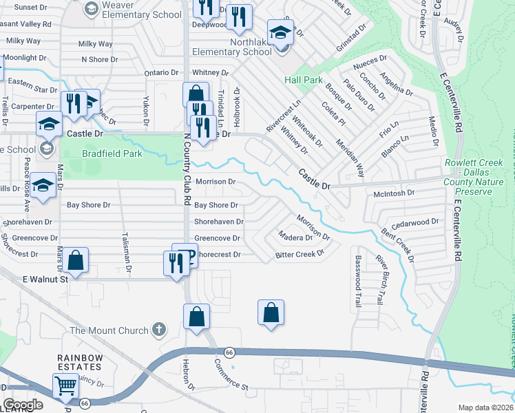 map of restaurants, bars, coffee shops, grocery stores, and more near 1517 Morrison Drive in Garland