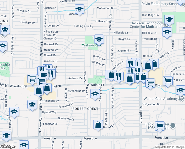 map of restaurants, bars, coffee shops, grocery stores, and more near 626 Bradfield Dr in Garland