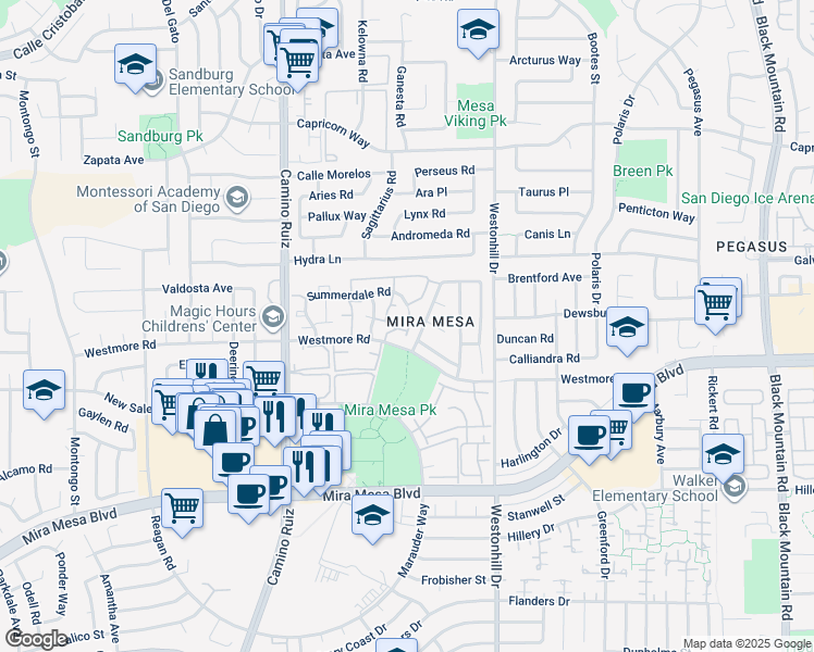 map of restaurants, bars, coffee shops, grocery stores, and more near 8595 Summerdale Road in San Diego
