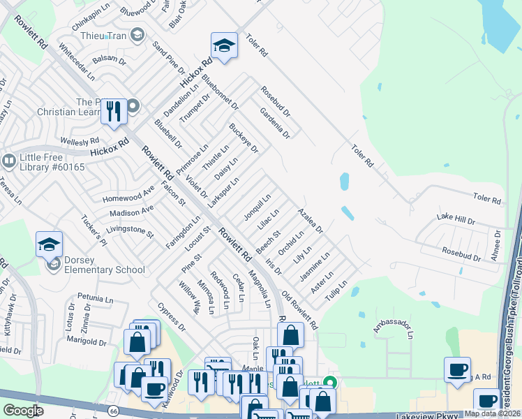 map of restaurants, bars, coffee shops, grocery stores, and more near 3422 Locust Street in Rowlett