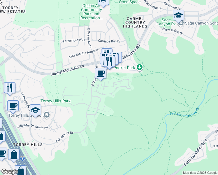 map of restaurants, bars, coffee shops, grocery stores, and more near 4695 Torrey Circle in San Diego