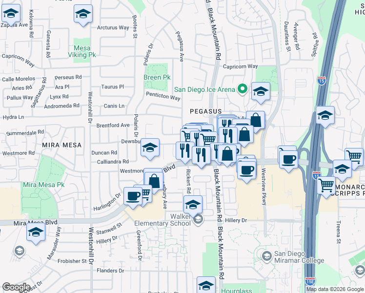 map of restaurants, bars, coffee shops, grocery stores, and more near 9137 Dewsbury Avenue in San Diego
