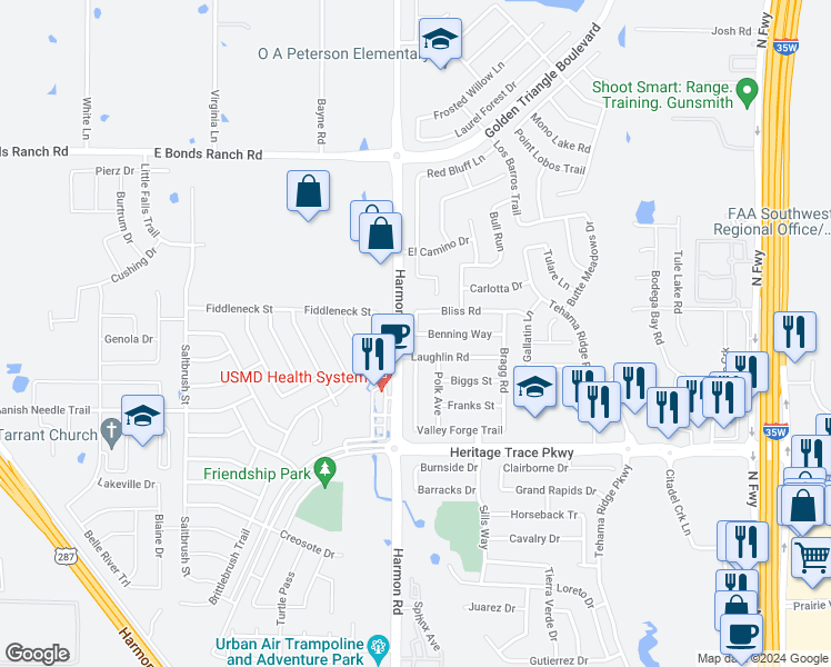 map of restaurants, bars, coffee shops, grocery stores, and more near 1234 Bliss Road in Fort Worth