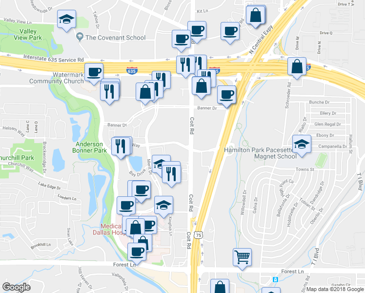 map of restaurants, bars, coffee shops, grocery stores, and more near 7902 Churchill Way in Dallas