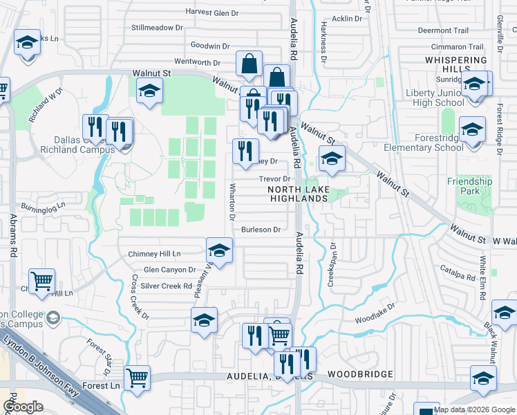 map of restaurants, bars, coffee shops, grocery stores, and more near 9731 Windham Drive in Dallas