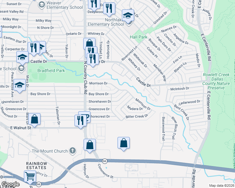 map of restaurants, bars, coffee shops, grocery stores, and more near 1517 Morrison Drive in Garland