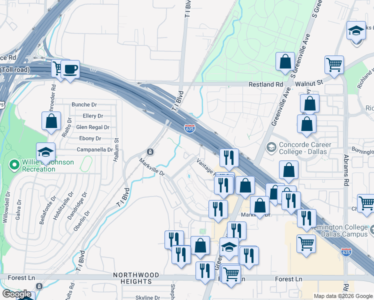 map of restaurants, bars, coffee shops, grocery stores, and more near 8997 Vantage Point Drive in Dallas