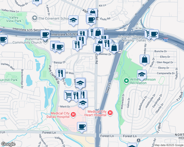 map of restaurants, bars, coffee shops, grocery stores, and more near 7912 Churchill Way in Dallas