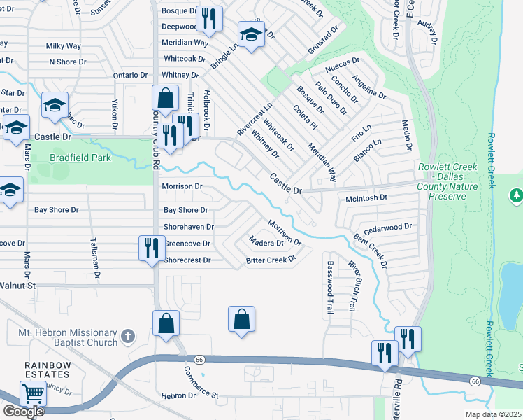 map of restaurants, bars, coffee shops, grocery stores, and more near 1609 Morrison Drive in Garland