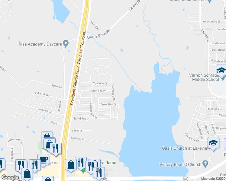 map of restaurants, bars, coffee shops, grocery stores, and more near 6658 Port Isabel Drive in Rowlett