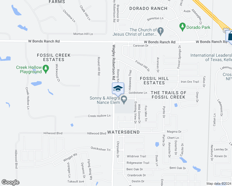 map of restaurants, bars, coffee shops, grocery stores, and more near 10417 Rising Knoll Lane in Fort Worth