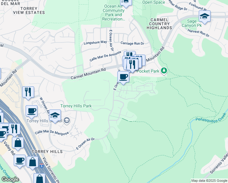 map of restaurants, bars, coffee shops, grocery stores, and more near East Ocean Air Drive in San Diego