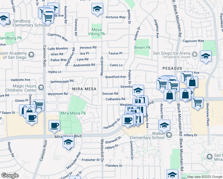 map of restaurants, bars, coffee shops, grocery stores, and more near 10954 Canis Lane in San Diego