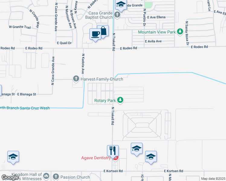 map of restaurants, bars, coffee shops, grocery stores, and more near North Trekell Road in Casa Grande