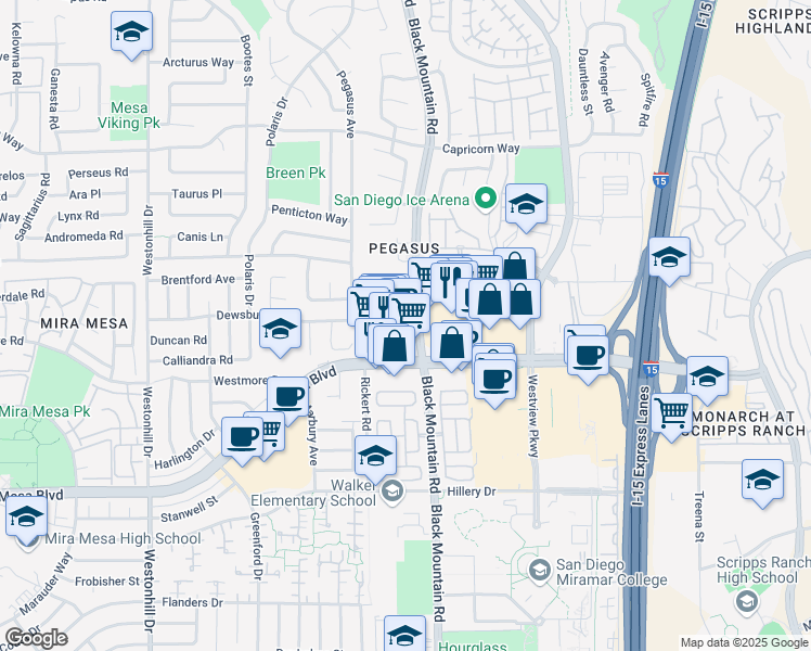 map of restaurants, bars, coffee shops, grocery stores, and more near 9223 Gemini Avenue in San Diego
