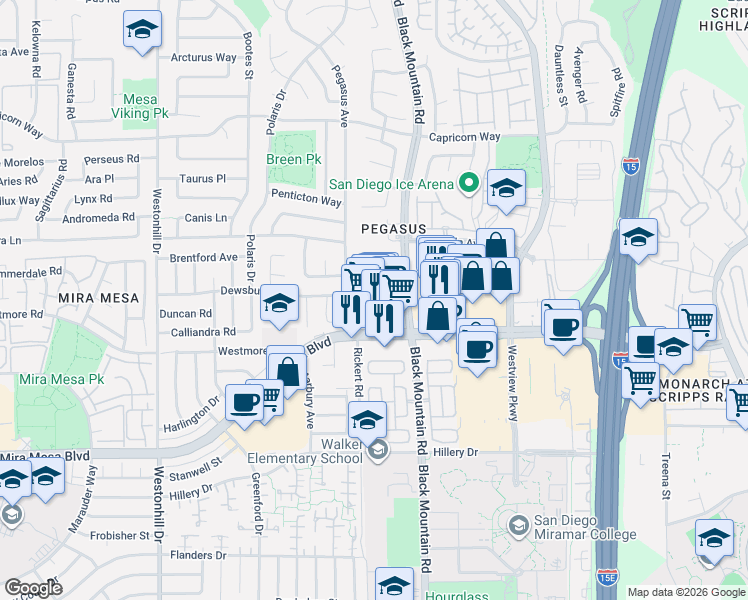 map of restaurants, bars, coffee shops, grocery stores, and more near 9223 Gemini Avenue in San Diego