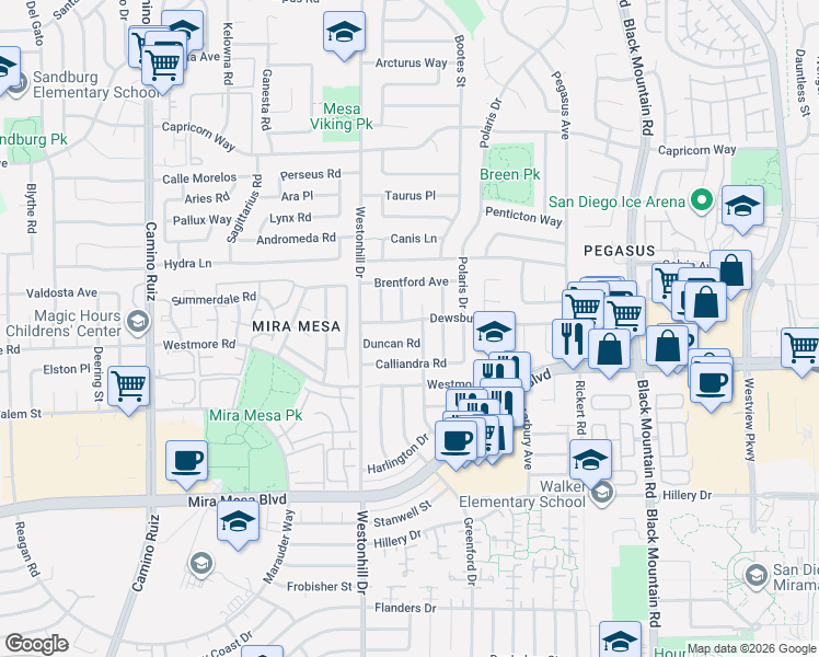 map of restaurants, bars, coffee shops, grocery stores, and more near 10950 San Blas Circle in San Diego