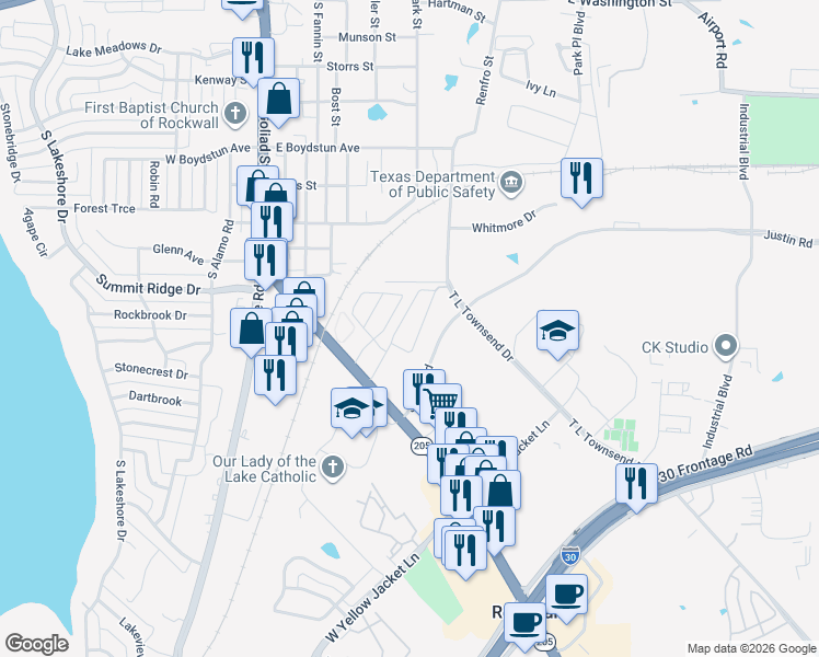 map of restaurants, bars, coffee shops, grocery stores, and more near 1325 South Goliad Street in Rockwall