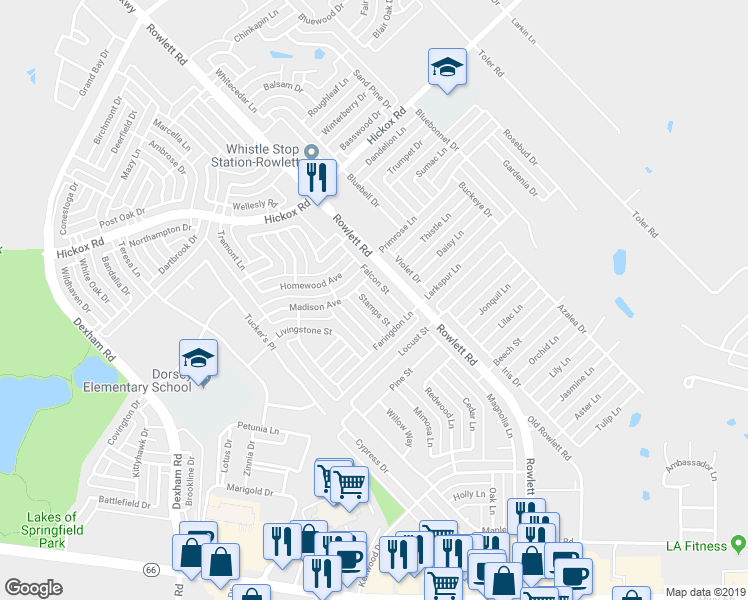 map of restaurants, bars, coffee shops, grocery stores, and more near 6610 Falcon Street in Rowlett