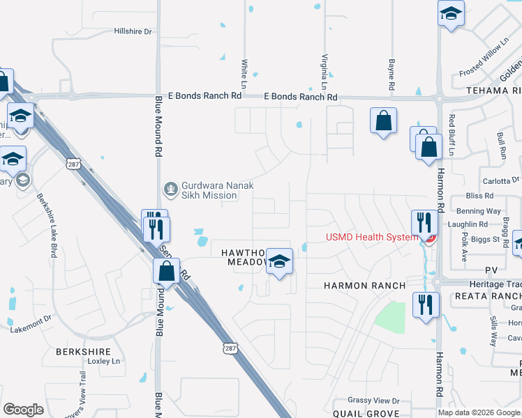 map of restaurants, bars, coffee shops, grocery stores, and more near 1104 Lakin Road in Fort Worth