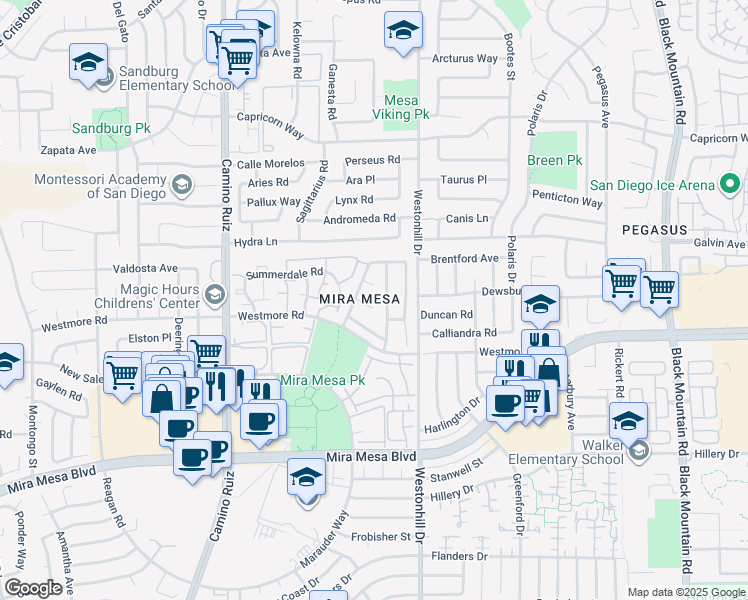 map of restaurants, bars, coffee shops, grocery stores, and more near 10983 Via Abaca in San Diego