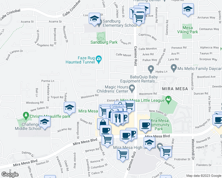 map of restaurants, bars, coffee shops, grocery stores, and more near 10943 Avenida Del Gato in San Diego