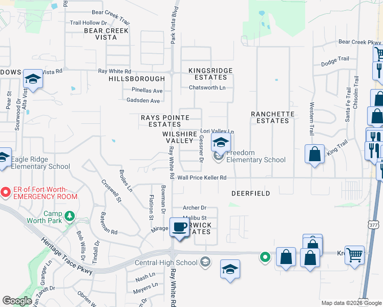 map of restaurants, bars, coffee shops, grocery stores, and more near 5233 Briar Forest Road in Fort Worth