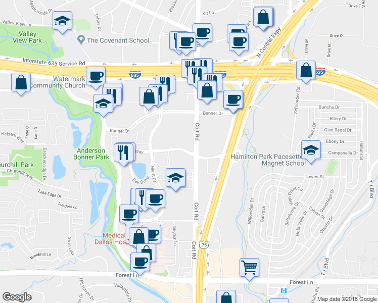 map of restaurants, bars, coffee shops, grocery stores, and more near 7927 Churchill Way in Dallas
