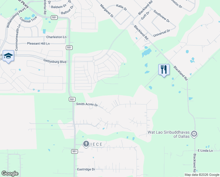 map of restaurants, bars, coffee shops, grocery stores, and more near 534 Smith Acres Drive in Royse City