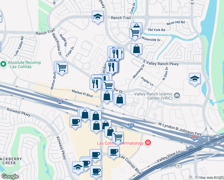map of restaurants, bars, coffee shops, grocery stores, and more near 8140 North MacArthur Boulevard in Irving