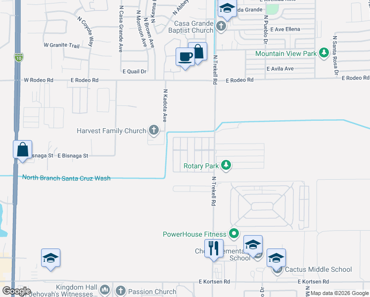 map of restaurants, bars, coffee shops, grocery stores, and more near 2263 North Trekell Road in Casa Grande