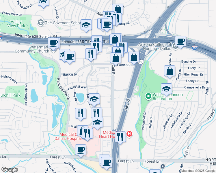 map of restaurants, bars, coffee shops, grocery stores, and more near 7911 Churchill Way in Dallas