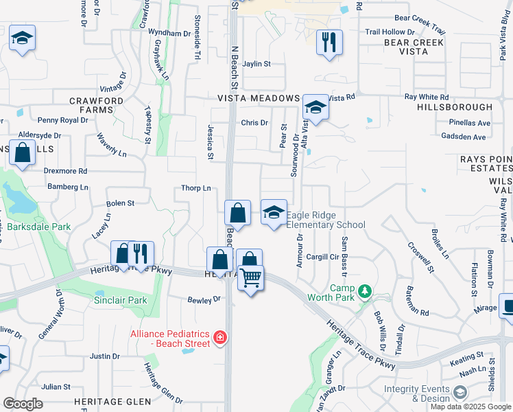 map of restaurants, bars, coffee shops, grocery stores, and more near 9905 Appletree Way in Fort Worth