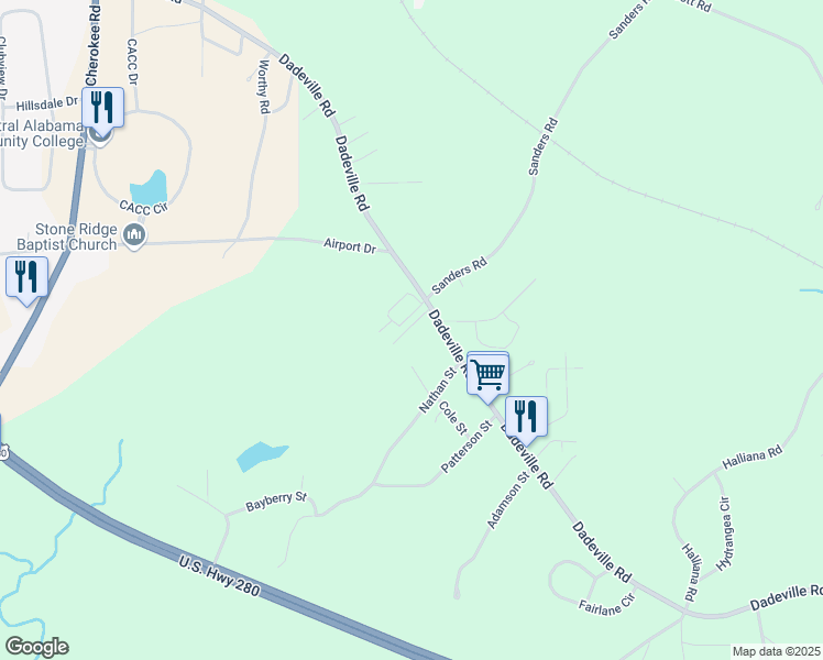 map of restaurants, bars, coffee shops, grocery stores, and more near 2294 Parkway Circle in Alexander City