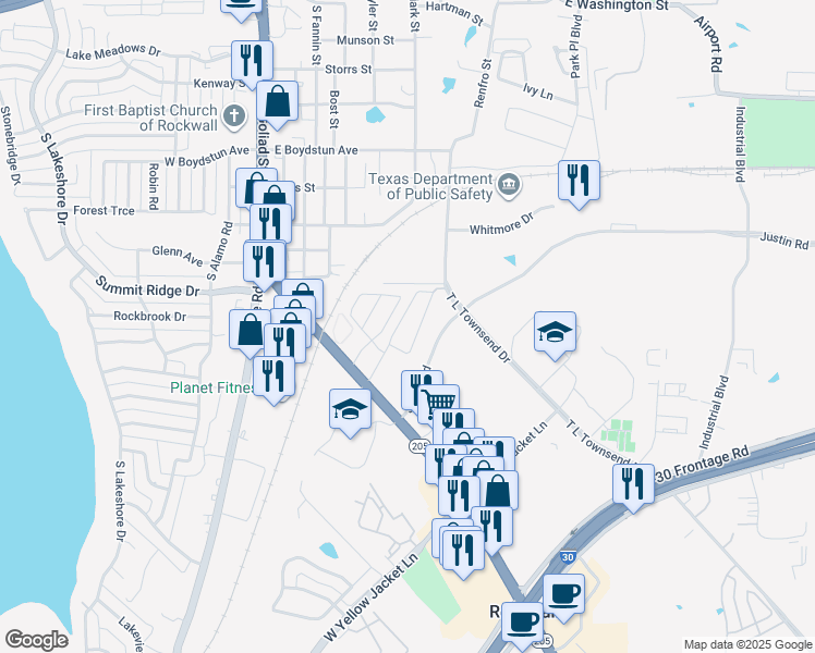 map of restaurants, bars, coffee shops, grocery stores, and more near 1325 South Goliad Street in Rockwall