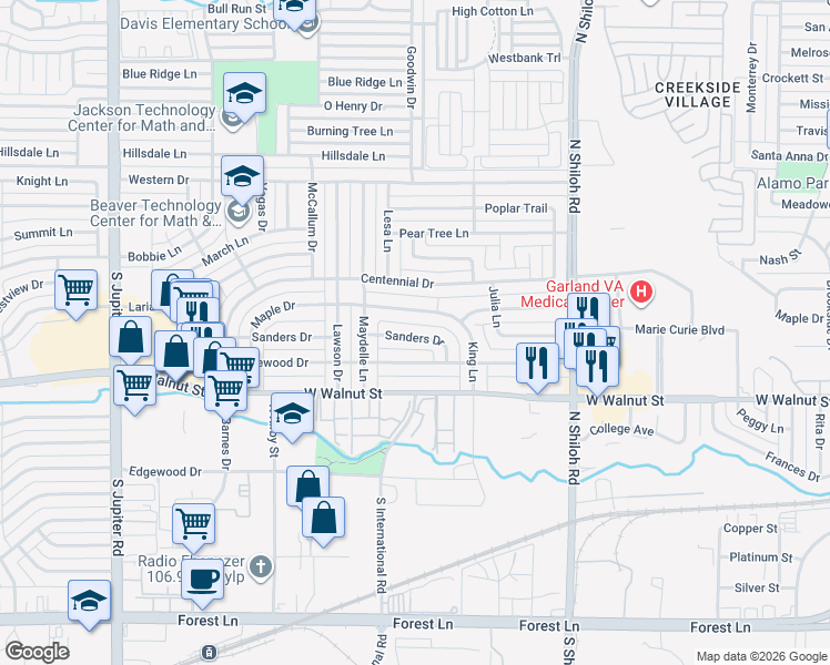 map of restaurants, bars, coffee shops, grocery stores, and more near 1750 Saunders Drive in Cedar Hill