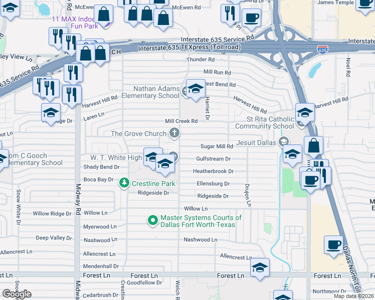 map of restaurants, bars, coffee shops, grocery stores, and more near 4605 Sugar Mill Road in Dallas