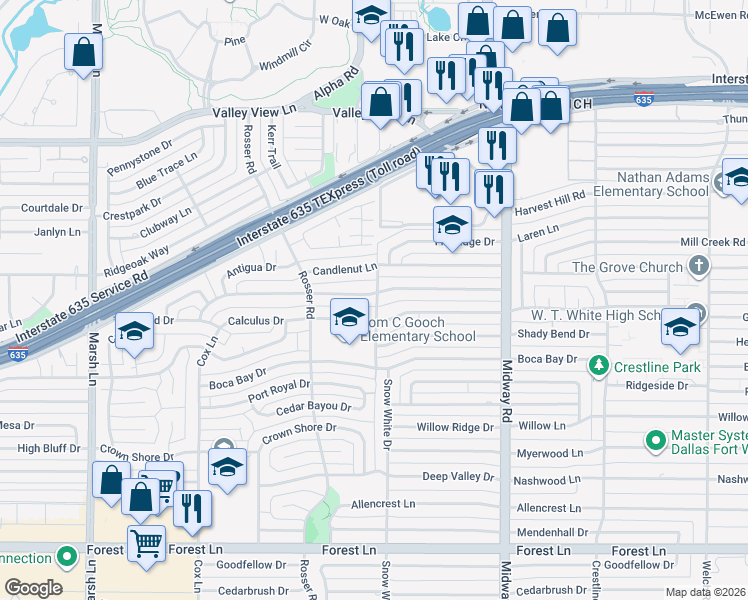 map of restaurants, bars, coffee shops, grocery stores, and more near 4053 High Summit Drive in Dallas