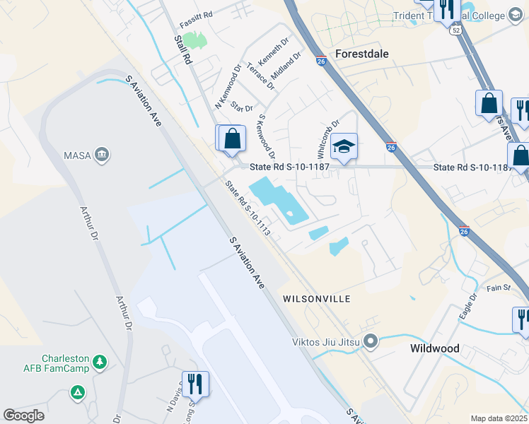 map of restaurants, bars, coffee shops, grocery stores, and more near 6838 Ward Avenue in North Charleston