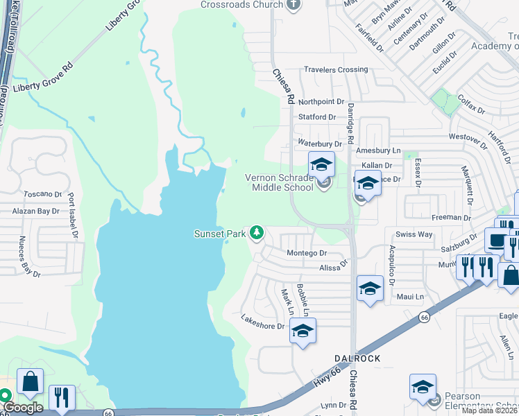 map of restaurants, bars, coffee shops, grocery stores, and more near 6829 Chiesa Road in Rowlett