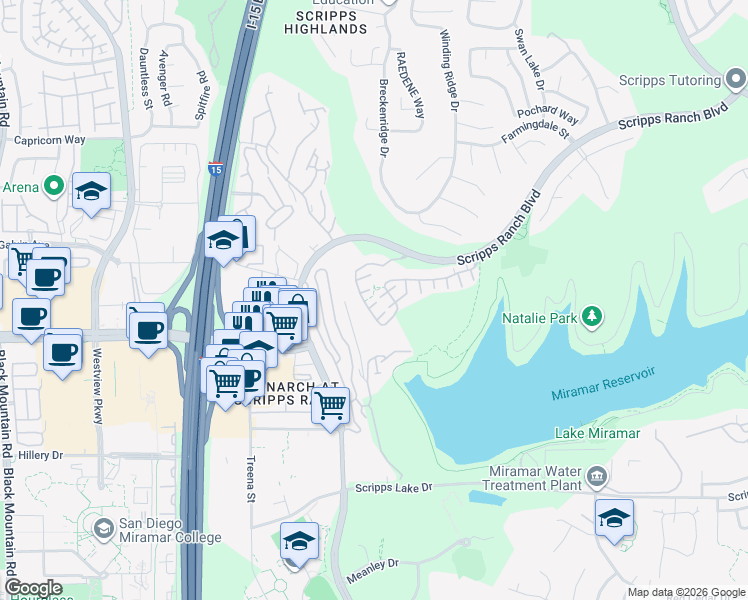 map of restaurants, bars, coffee shops, grocery stores, and more near 11540 Miro Circle in San Diego