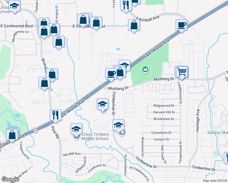 map of restaurants, bars, coffee shops, grocery stores, and more near 3576 Timberline Drive in Grapevine