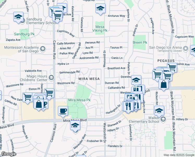 map of restaurants, bars, coffee shops, grocery stores, and more near 10974 Via Abaca in San Diego