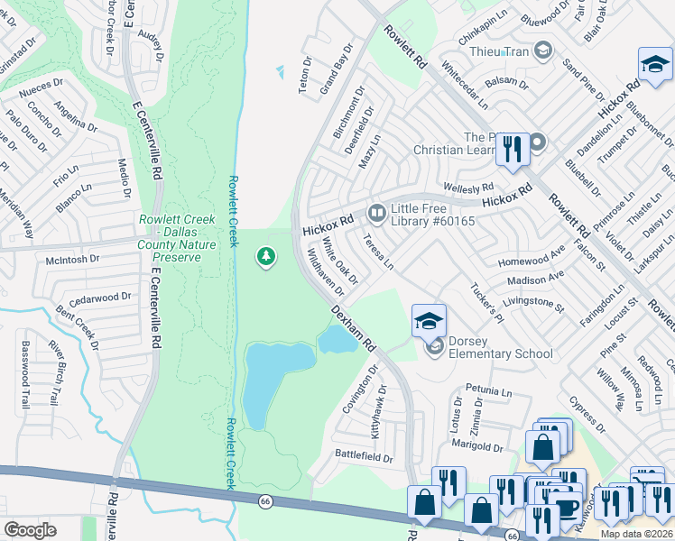 map of restaurants, bars, coffee shops, grocery stores, and more near 6513 White Oak Drive in Rowlett