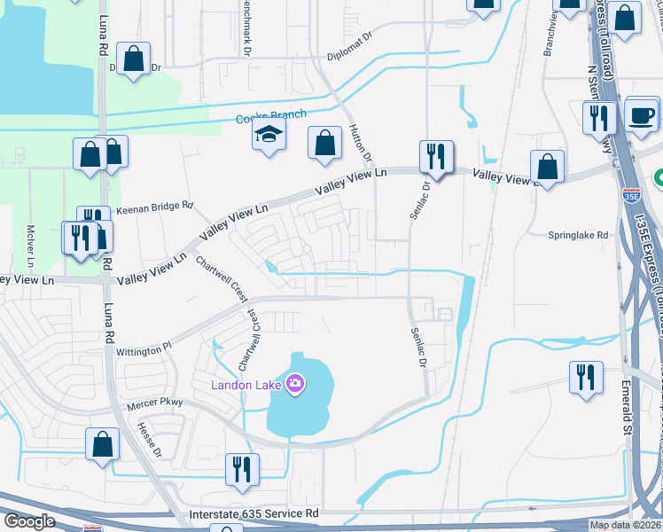 map of restaurants, bars, coffee shops, grocery stores, and more near 12901 Hutton Drive in Farmers Branch