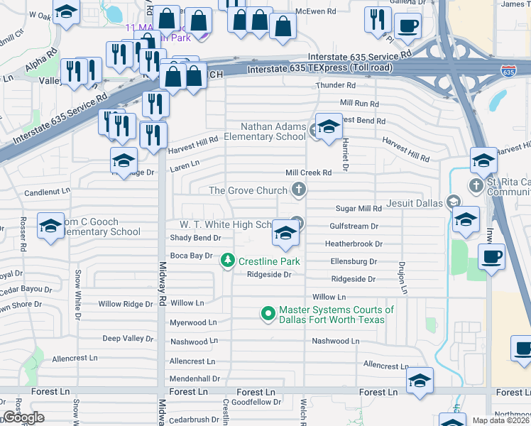 map of restaurants, bars, coffee shops, grocery stores, and more near 4443 Sugar Mill Road in Dallas