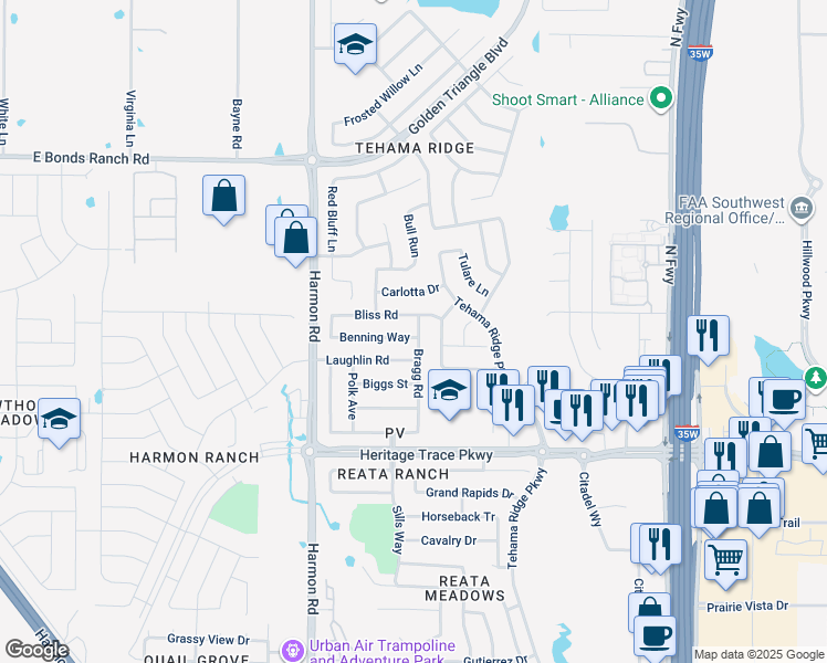 map of restaurants, bars, coffee shops, grocery stores, and more near 2181 Benning Way in Fort Worth