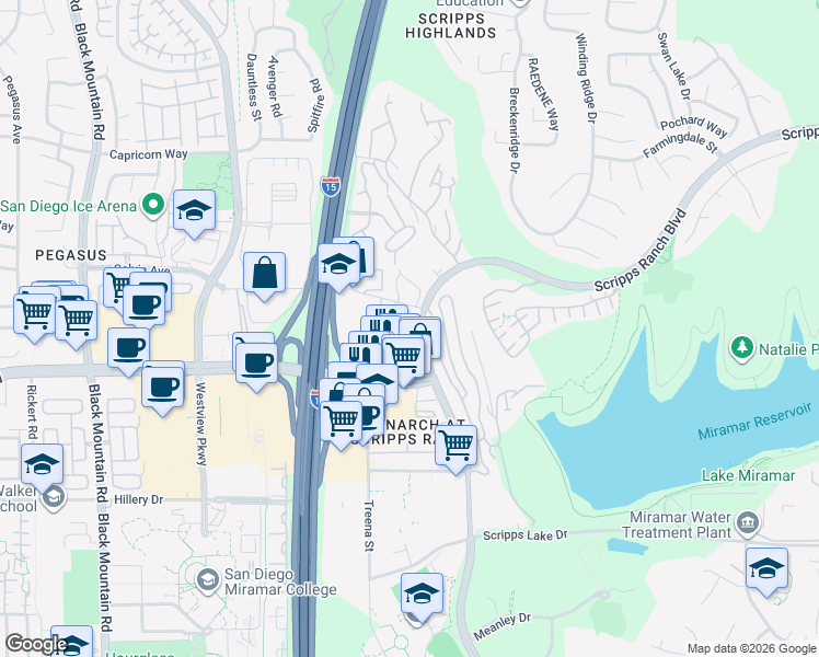 map of restaurants, bars, coffee shops, grocery stores, and more near 9959 Erma Road in San Diego